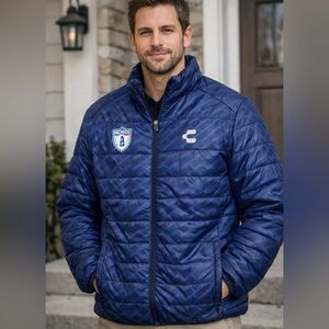Charly Men’s Pachuca Mexico Puffer Jacket Blue Quilted Zip Pockets Size XL
